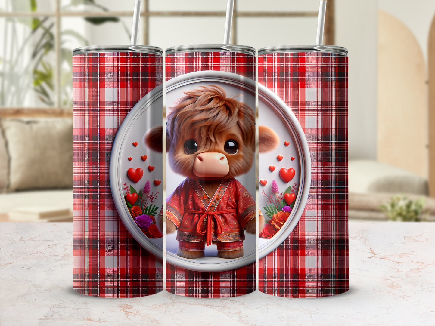 Red plaid tumbler featuring a cartoon highland cow wearing a red robe.