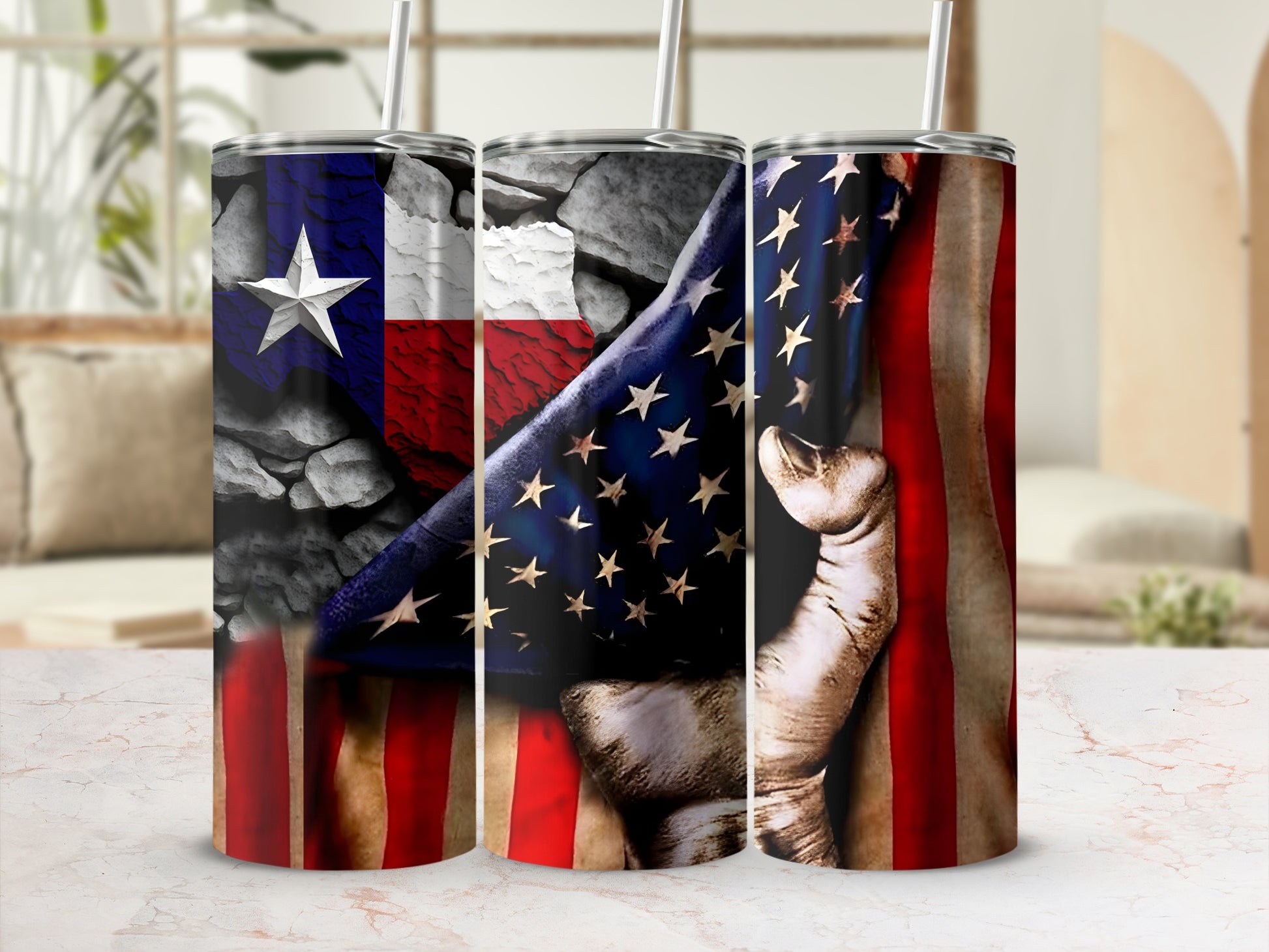 Tumbler with Texas and American flag art, holding a stone texture.