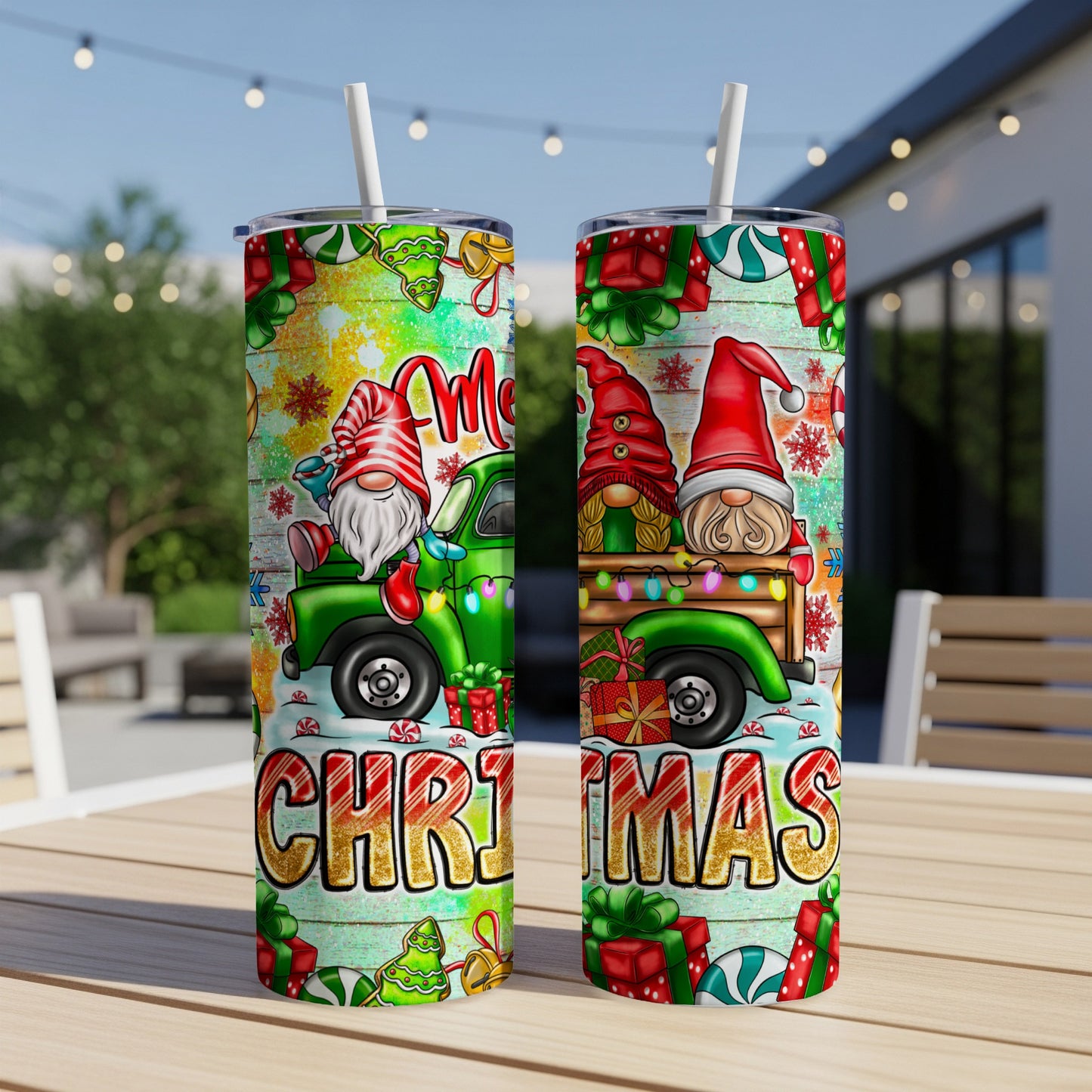 Two green tumblers with Christmas gnomes and presents.