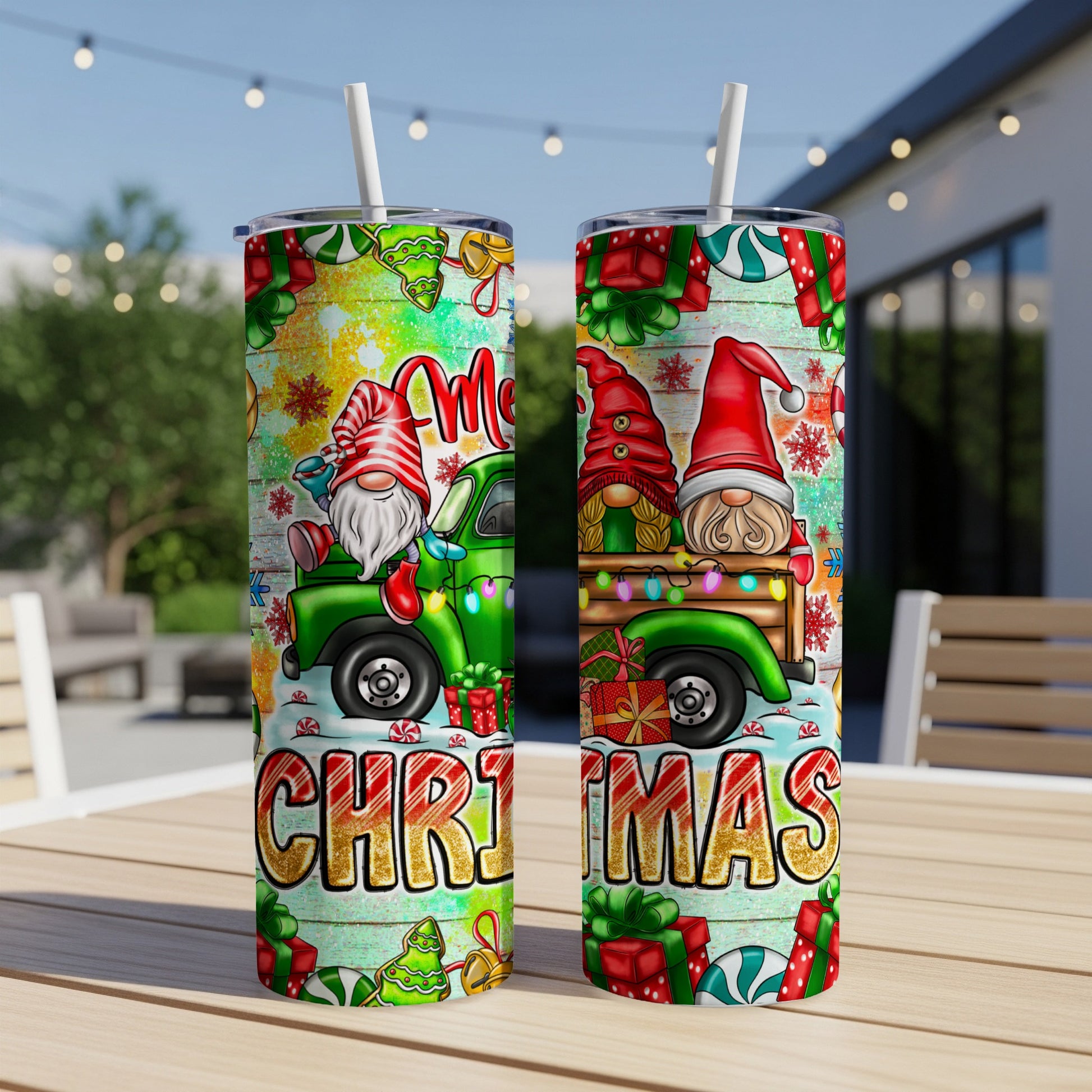 Two green tumblers with Christmas gnomes and presents.