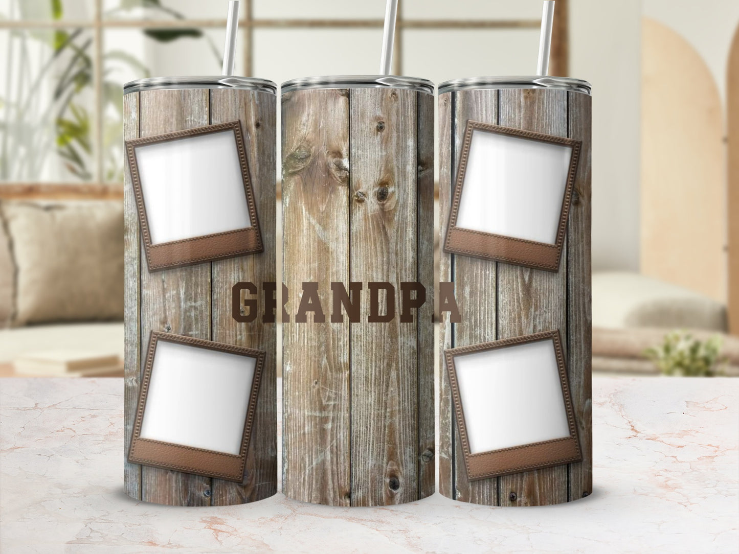 Tumbler with wood grain pattern and "GRANDPA" text, featuring photo frames.