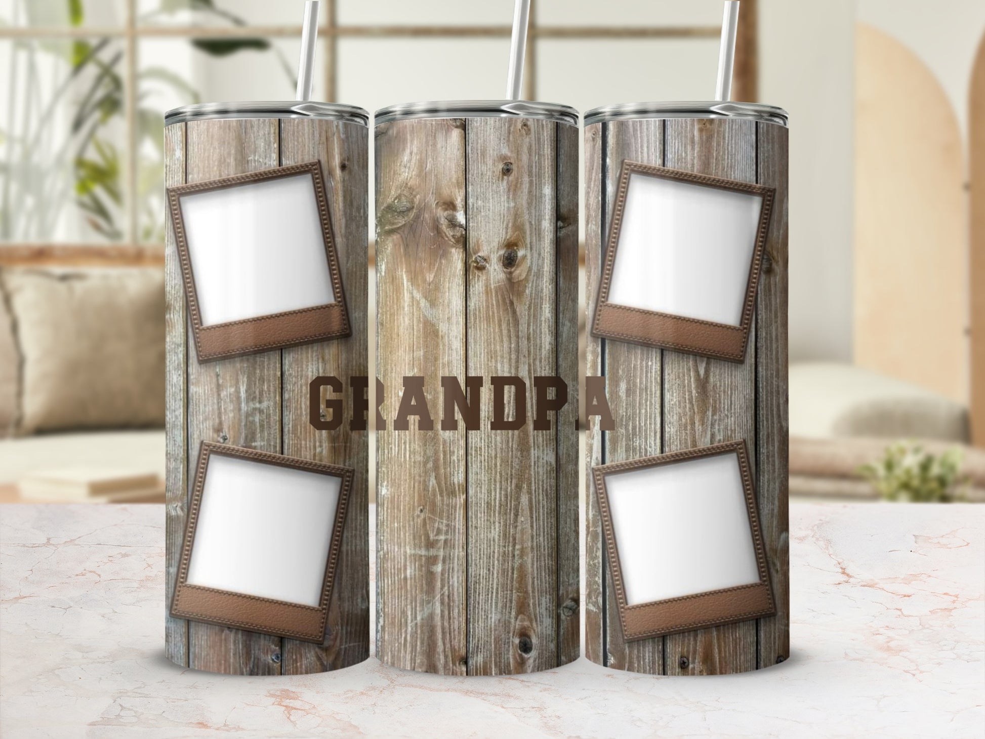 Tumbler with wood grain pattern and "GRANDPA" text, featuring photo frames.