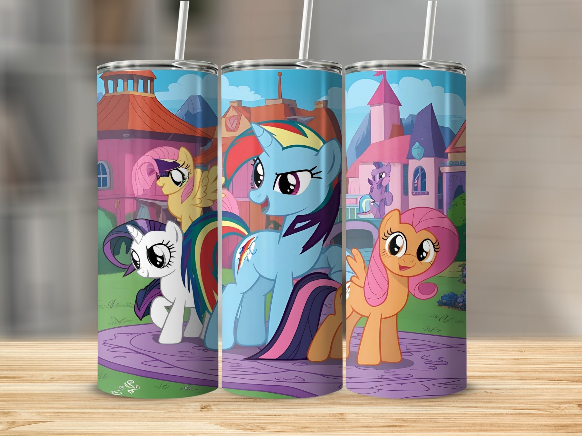 My Little Pony characters on a colorful background.