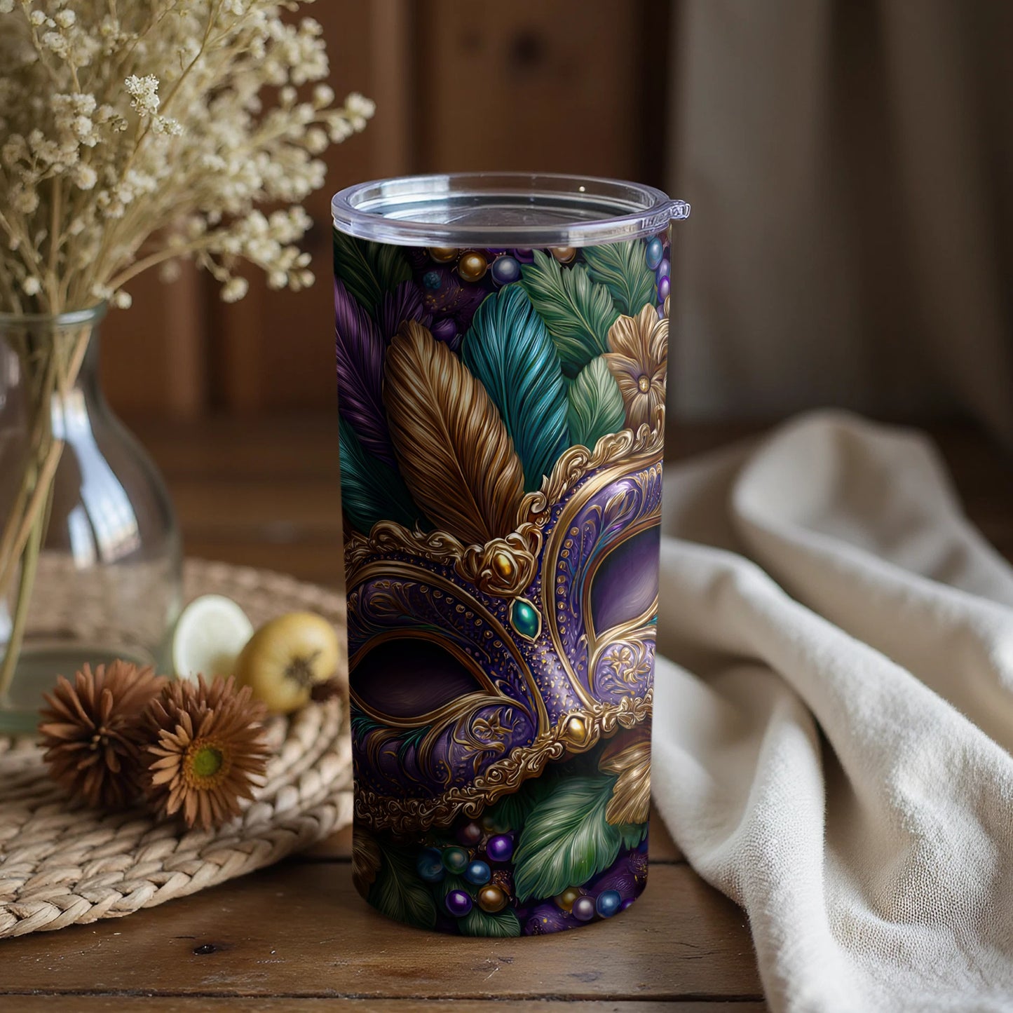 Elegant Feather Mask Design Insulated Tumbler