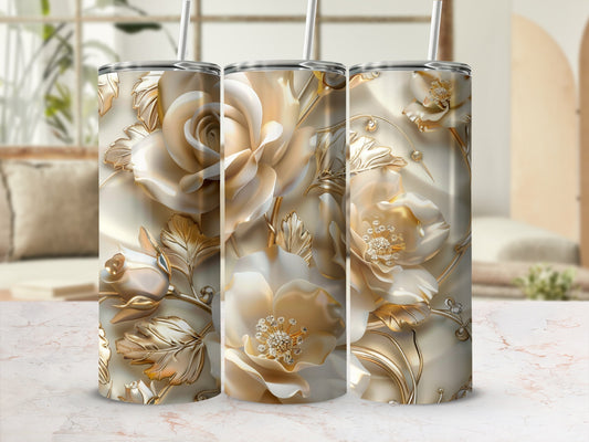 Three tumblers with embossed golden roses and pearl accents.