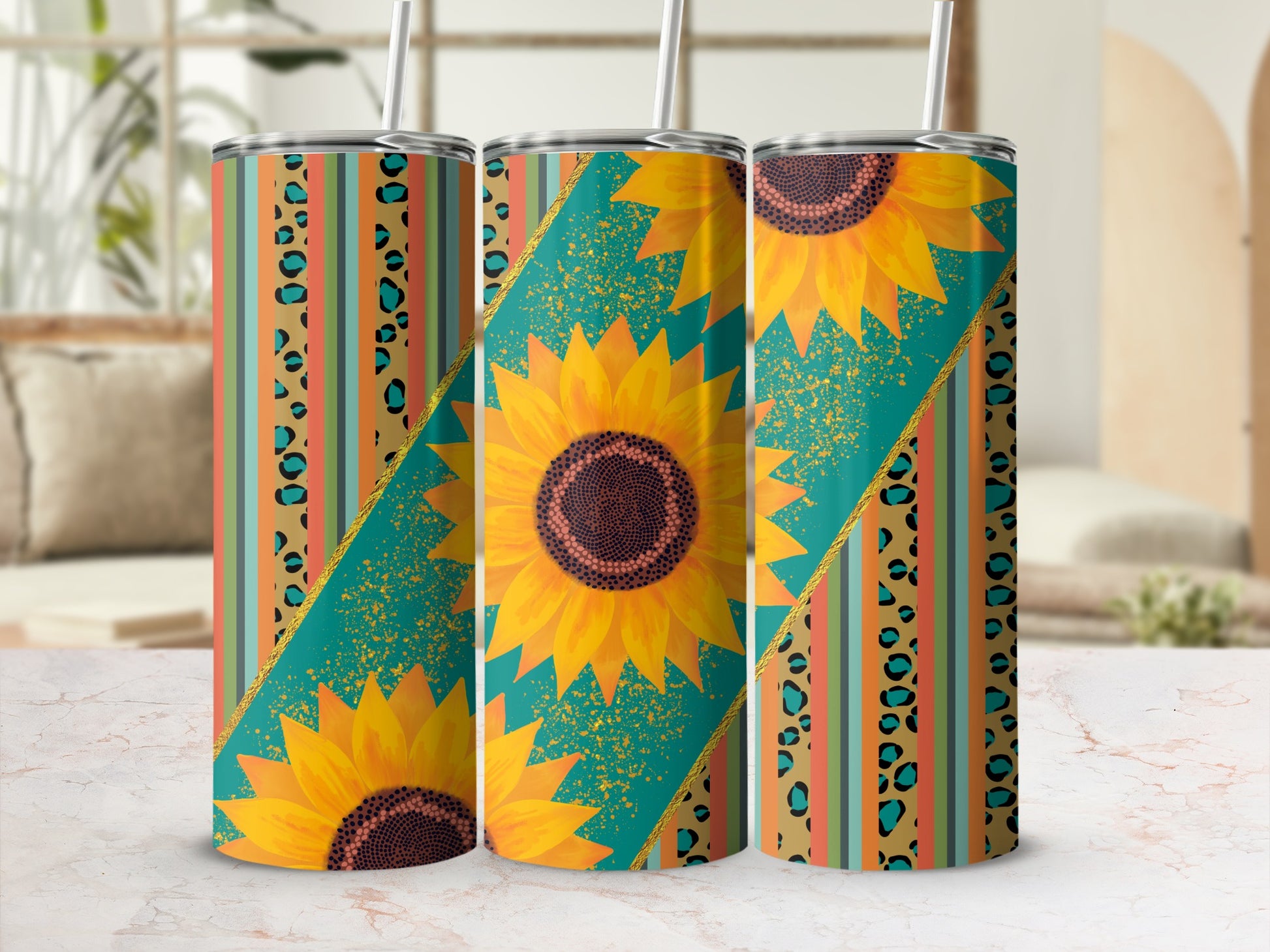 Sunflower and leopard print tumbler with turquoise accents.