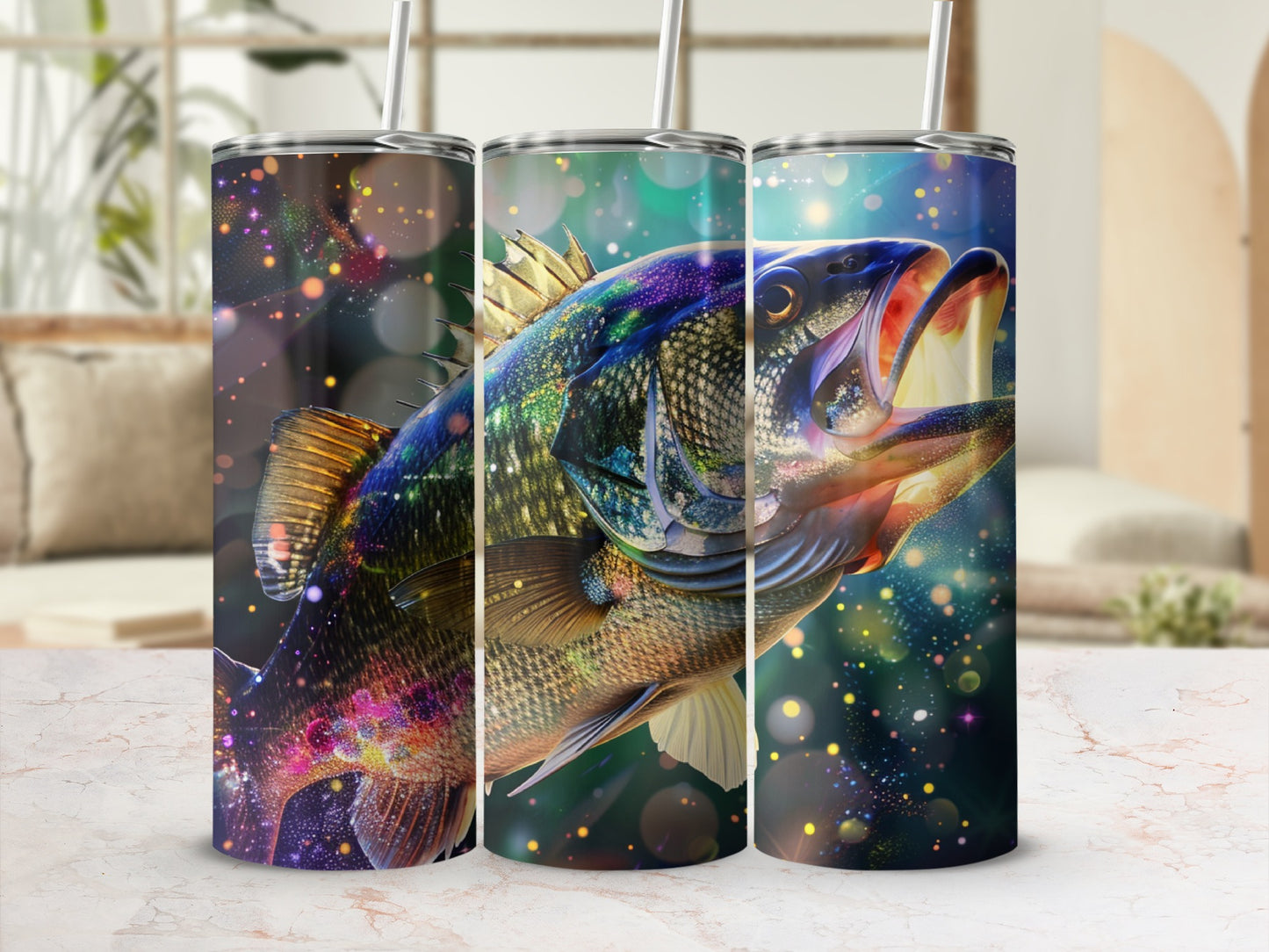 Tumbling fish with starry, bokeh background on a skinny tumbler.