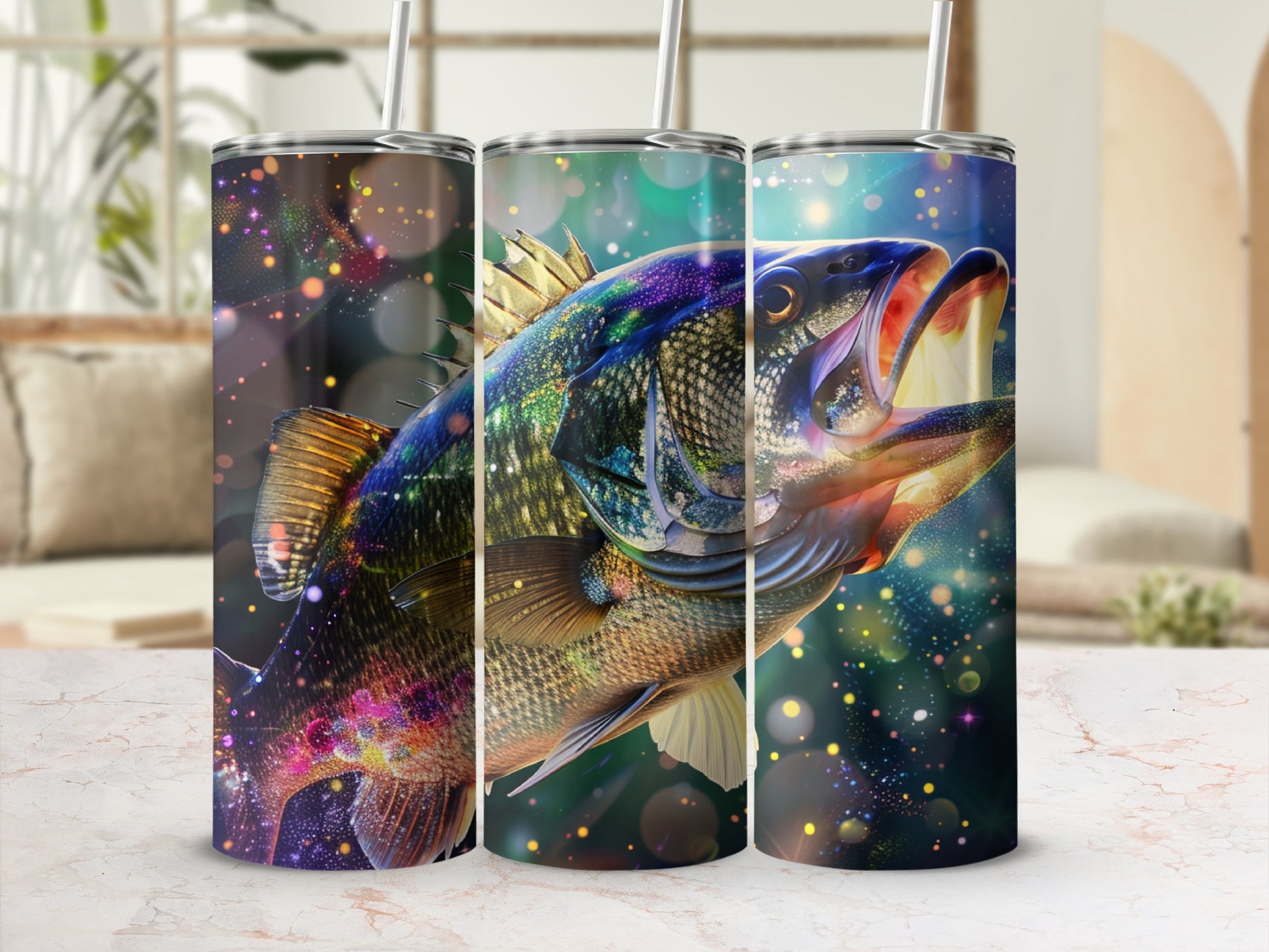 Tumbling fish with starry, bokeh background on a skinny tumbler.