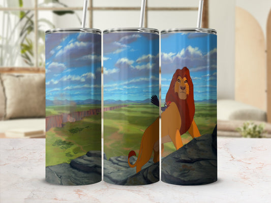 Simba the lion stands on a rocky outcrop overlooking a savanna landscape.