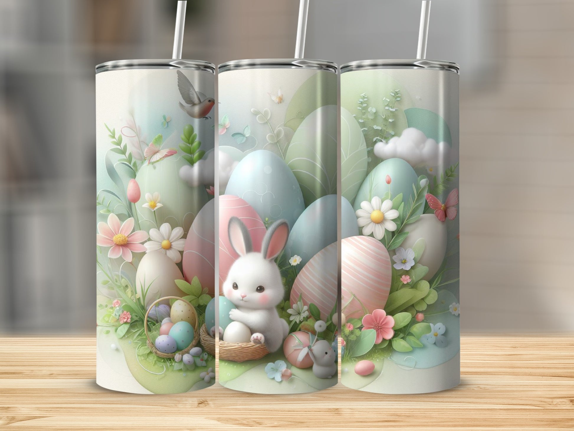 Three tumblers with Easter bunny and eggs theme.