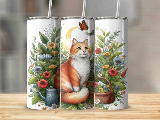 Ginger cat sits among flowers, basket, and watering can with moon background.