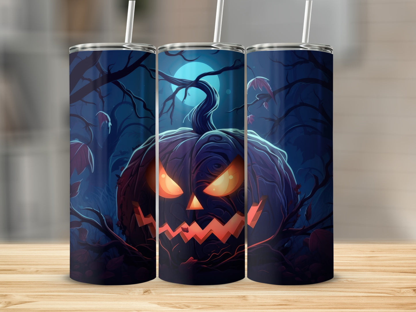 Spooky Glowing Pumpkin Face in Haunted Forest Tumbler