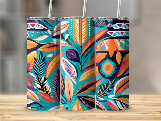 Three tumblers with a colorful floral and leaf pattern.
