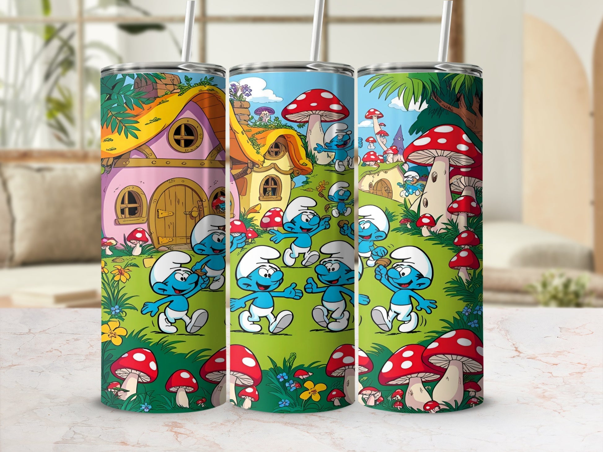 Smurfs and toadstools on a colorful tumbler with a whimsical mushroom village background.
