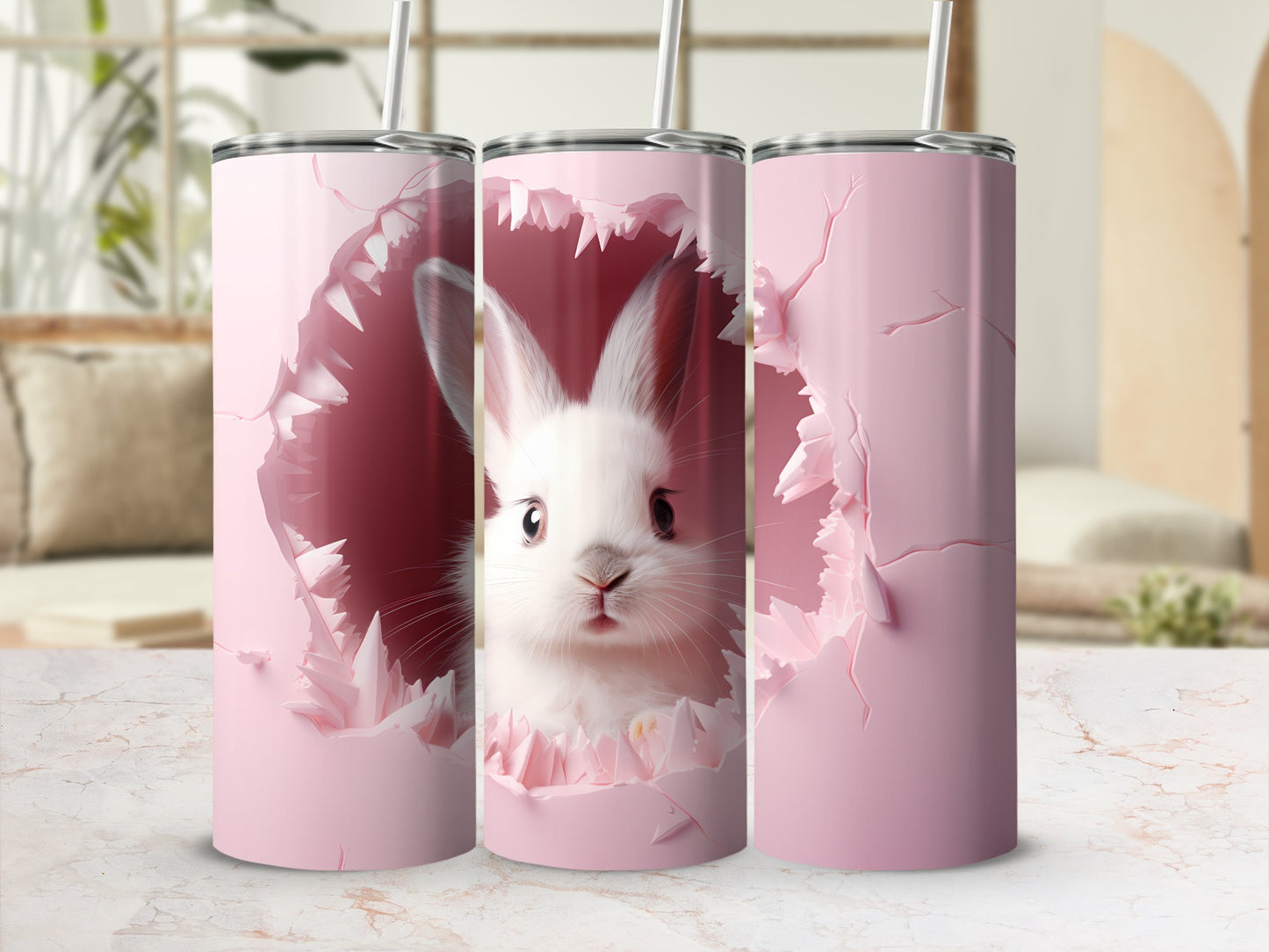 Cute Bunny Cracking Through Pink Design Tumbler