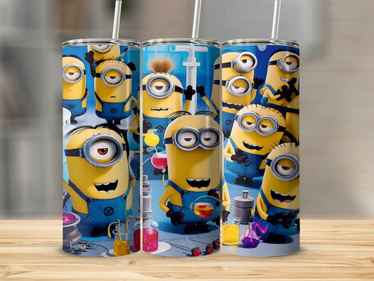 Minions in lab coats with beakers and test tubes on a white background.