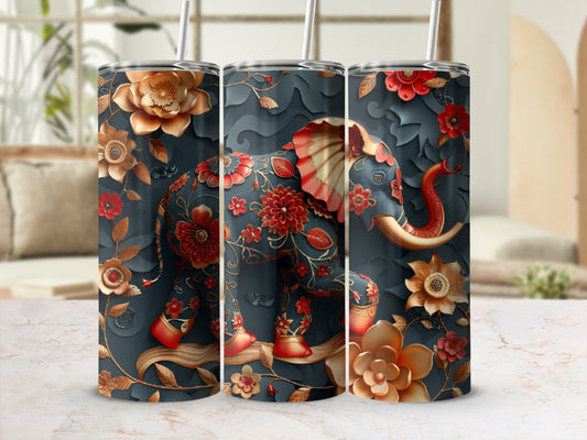 Dark gray tumbler with red and gold floral elephant design.