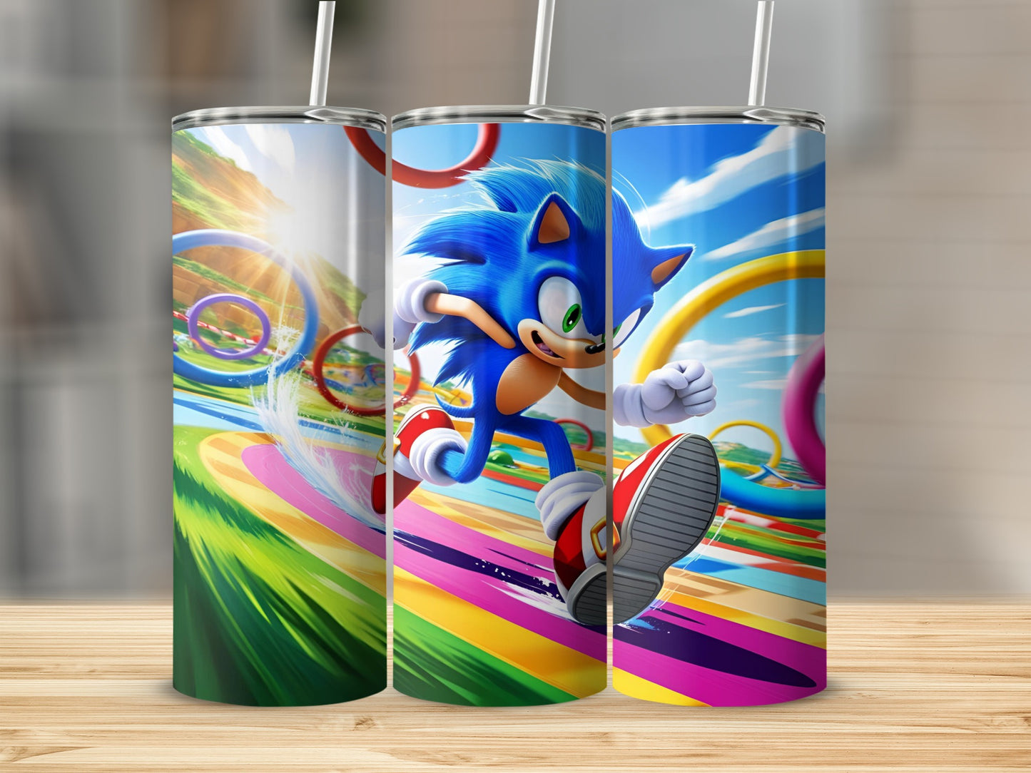 Sonic the Hedgehog running on a colorful track with rings.