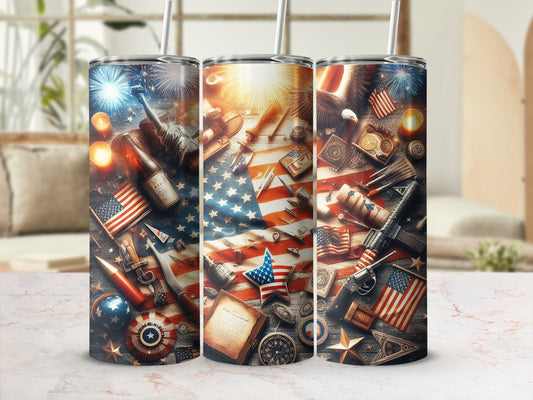 American flag and patriotic symbols on three tumblers.