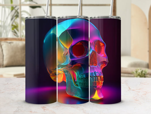 Transparent, colorful skull tumbler with straws in a room setting.