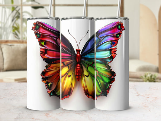 Three white tumblers featuring a colorful, realistic butterfly design.