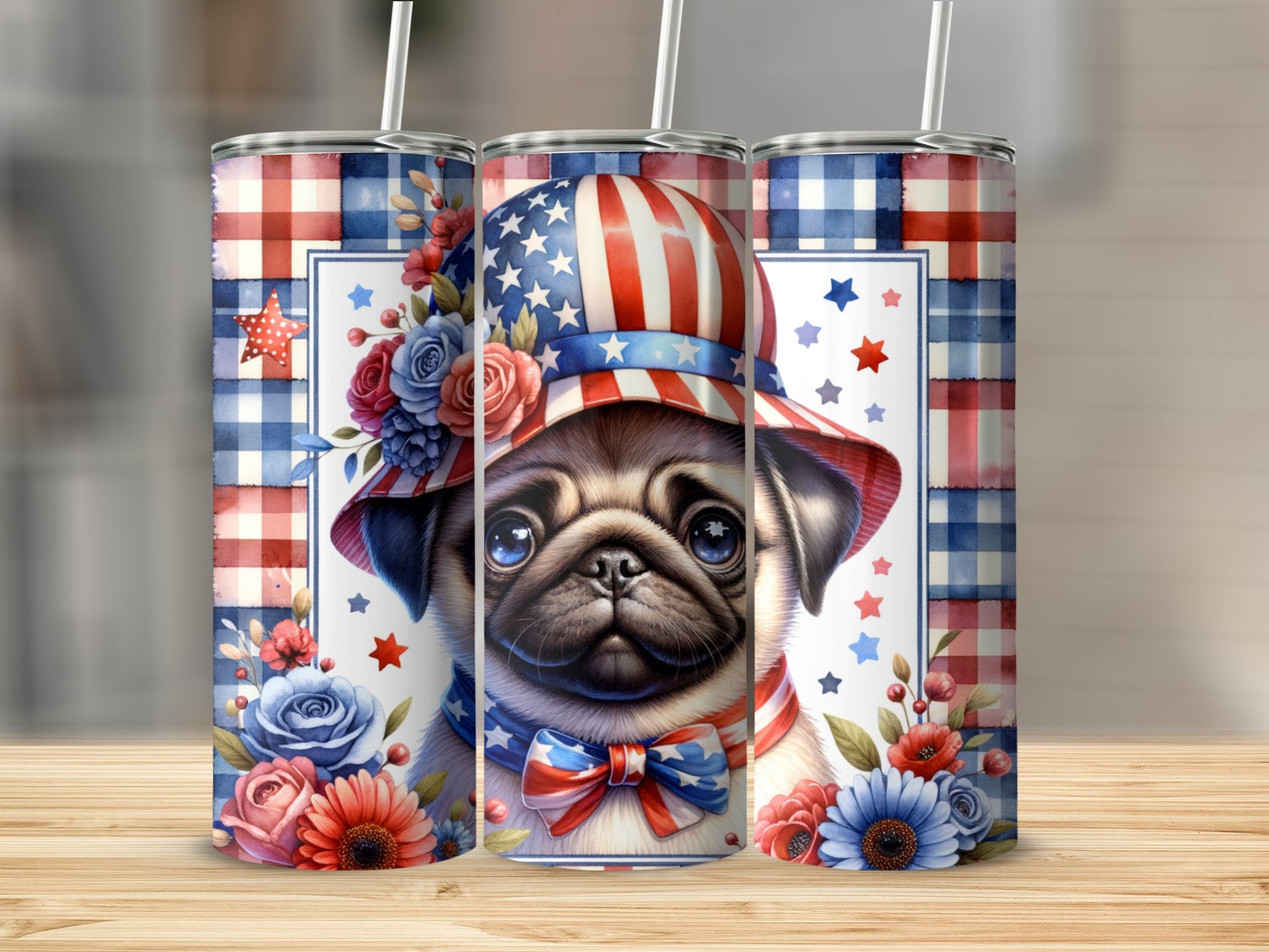 Patriotic pug in stars and stripes hat and bow tie, floral decorations.
