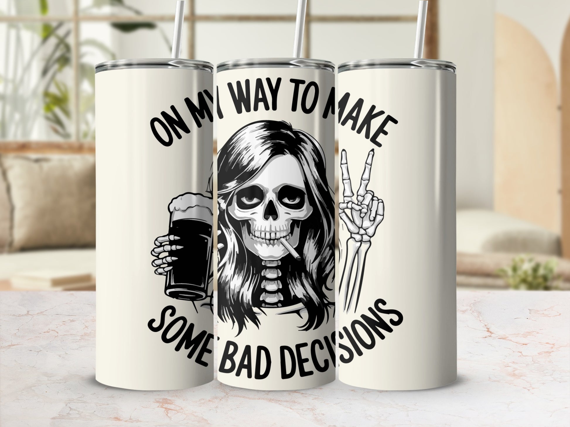Skeleton with beer and peace sign, "On My Way To Make Some Bad Decisions" text.