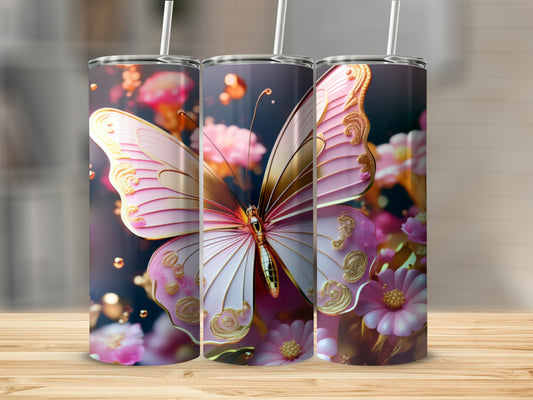 Three tumblers with a pink and gold butterfly and floral design.