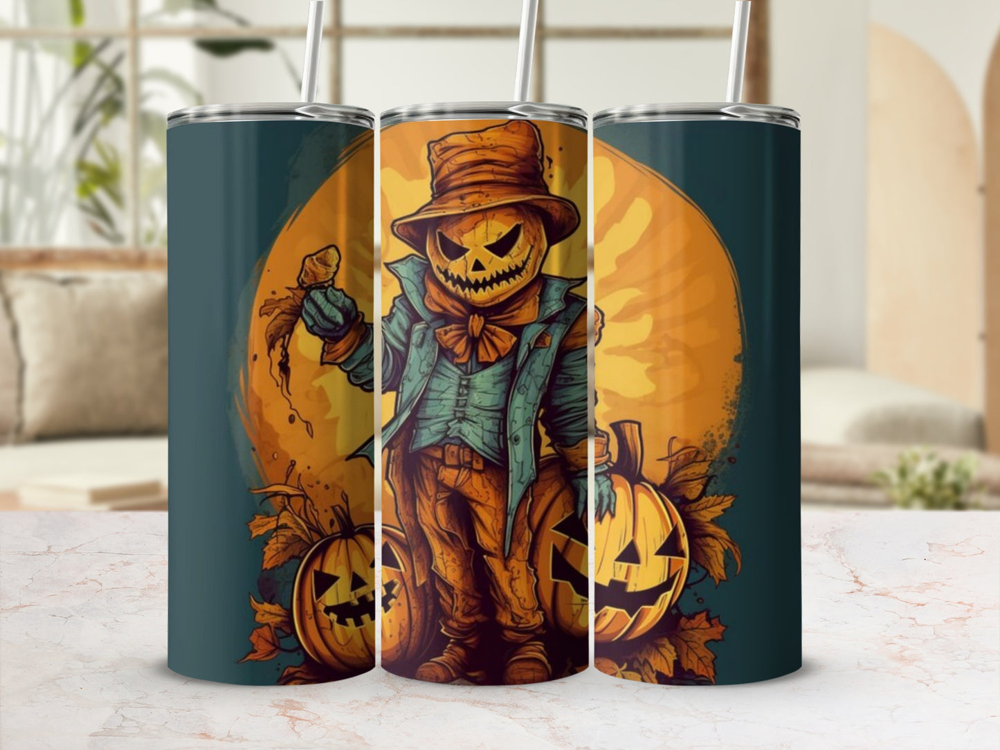 Tumbler with scarecrow and jack-o'-lantern design