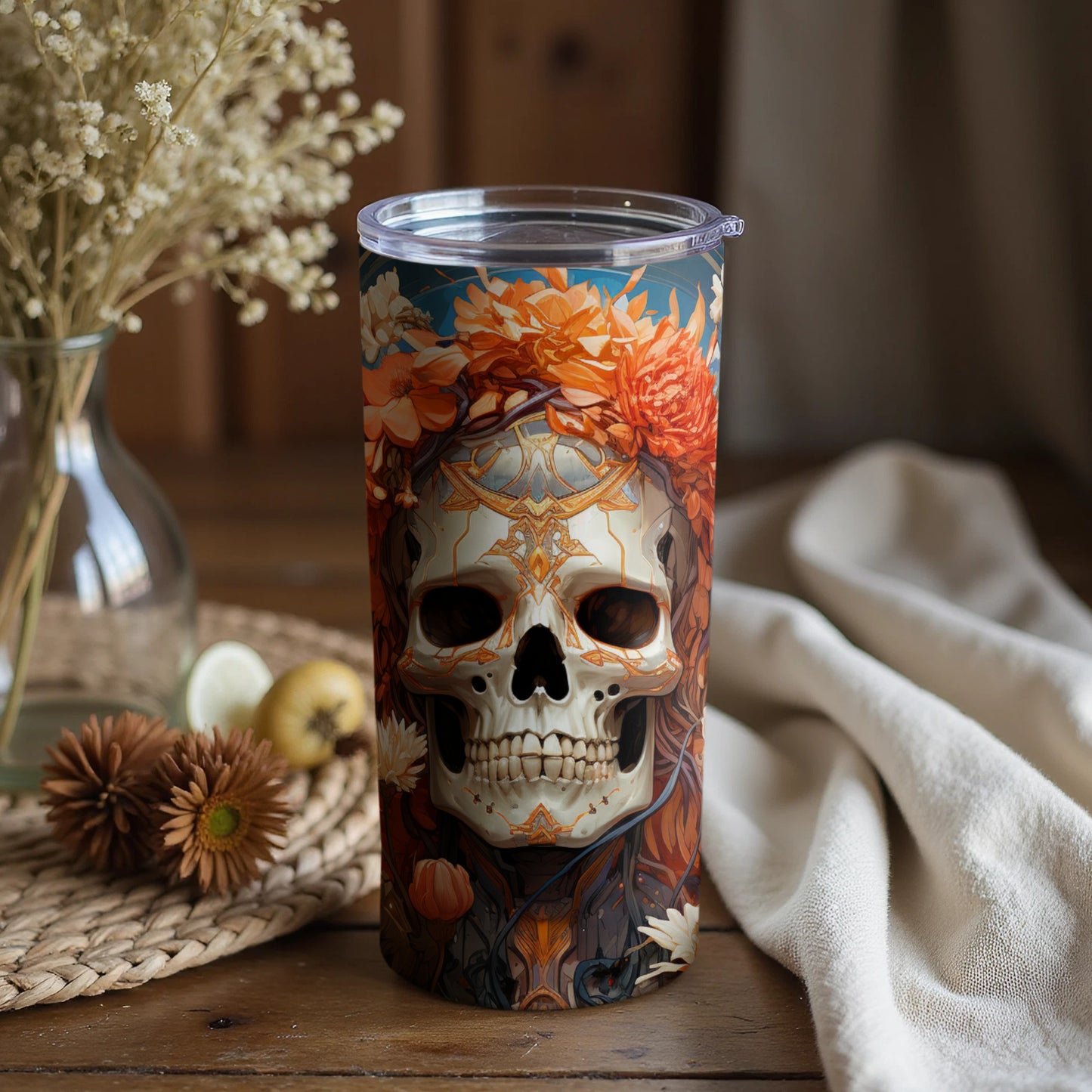 Floral Skull Design Tumbler with Autumn Aesthetic