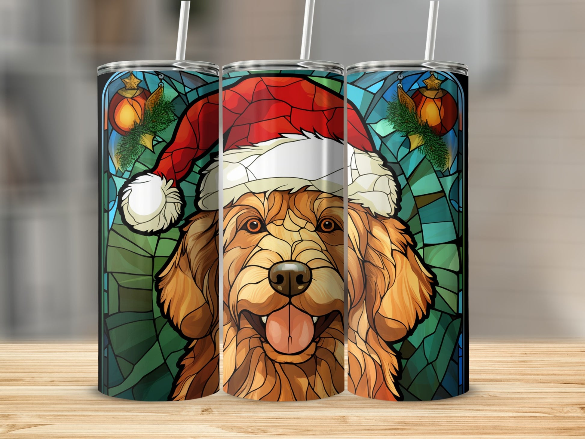 Golden retriever wearing Santa hat with stained glass background.