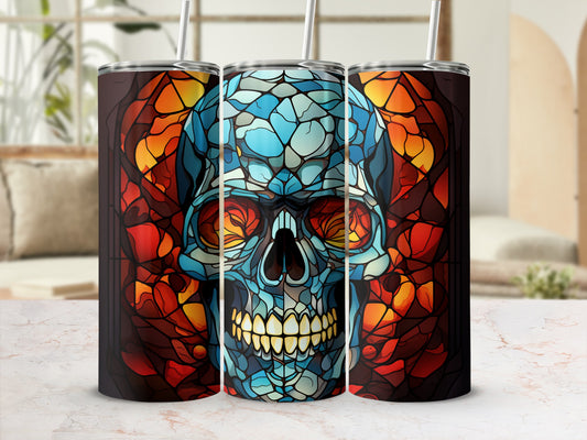 Three tumblers featuring a stained-glass skull design against a warm, abstract background.