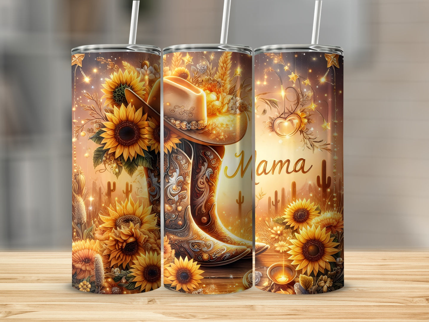 Cowboy boots and sunflowers with "Mama" text against a warm, starry background.