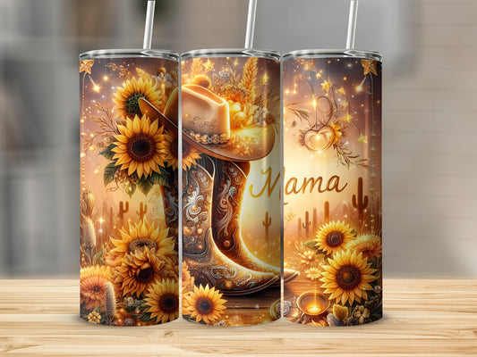 Cowboy boots and sunflowers with "Mama" text against a warm, starry background.
