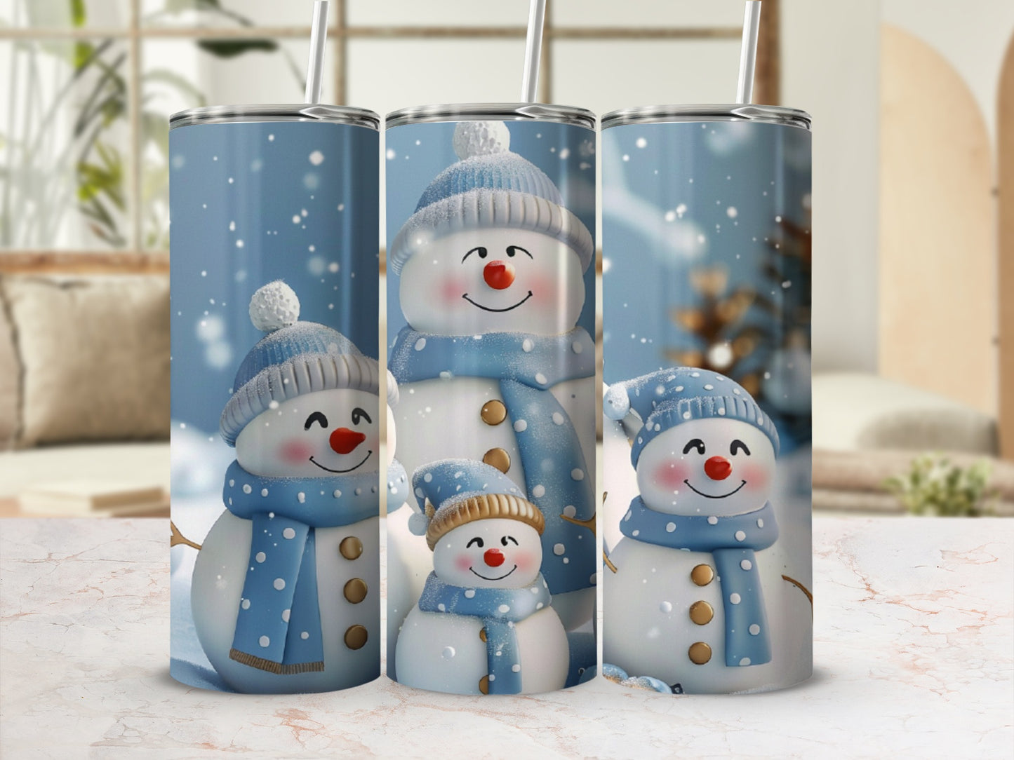 Three snowmen in blue hats and scarves with falling snow.