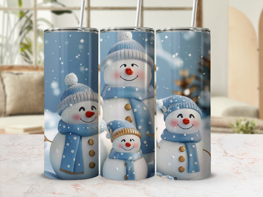 Three snowmen in blue hats and scarves with falling snow.