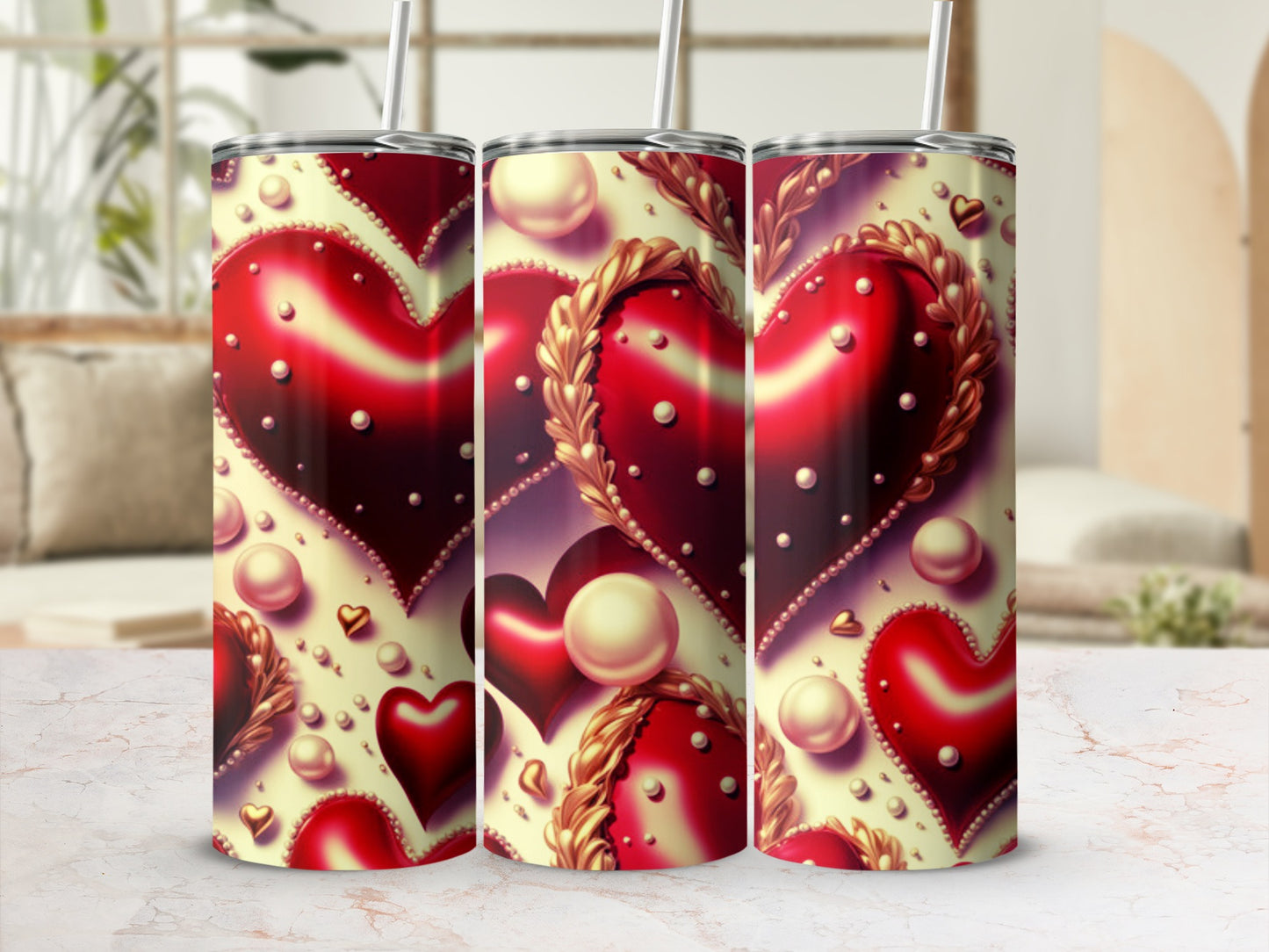 Three seamless tumblers with a red heart and gold bead pattern.