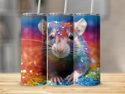 Triptych of a colorful rat covered in glitter with a bokeh background.