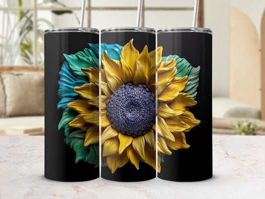 Three black tumblers featuring a detailed sunflower design with yellow petals and blue-green leaves.