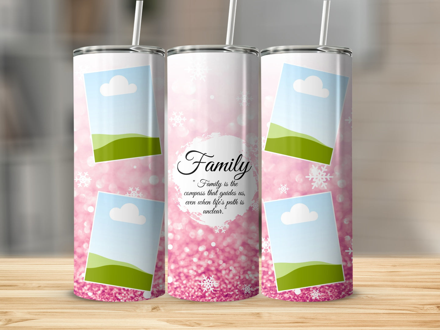 Pink glitter tumblers with photo frames and "Family" quote.