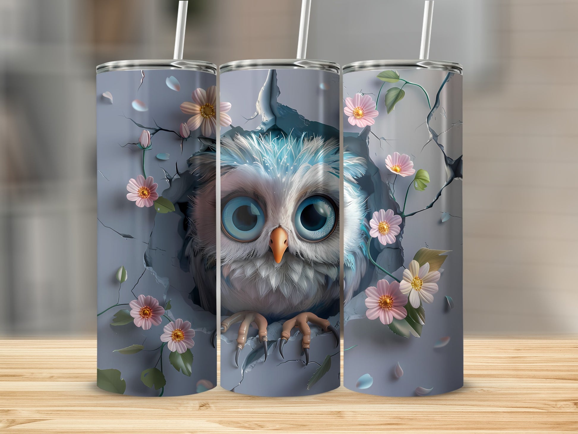 Owl with bright blue eyes peeking through cracked wall with flowers.