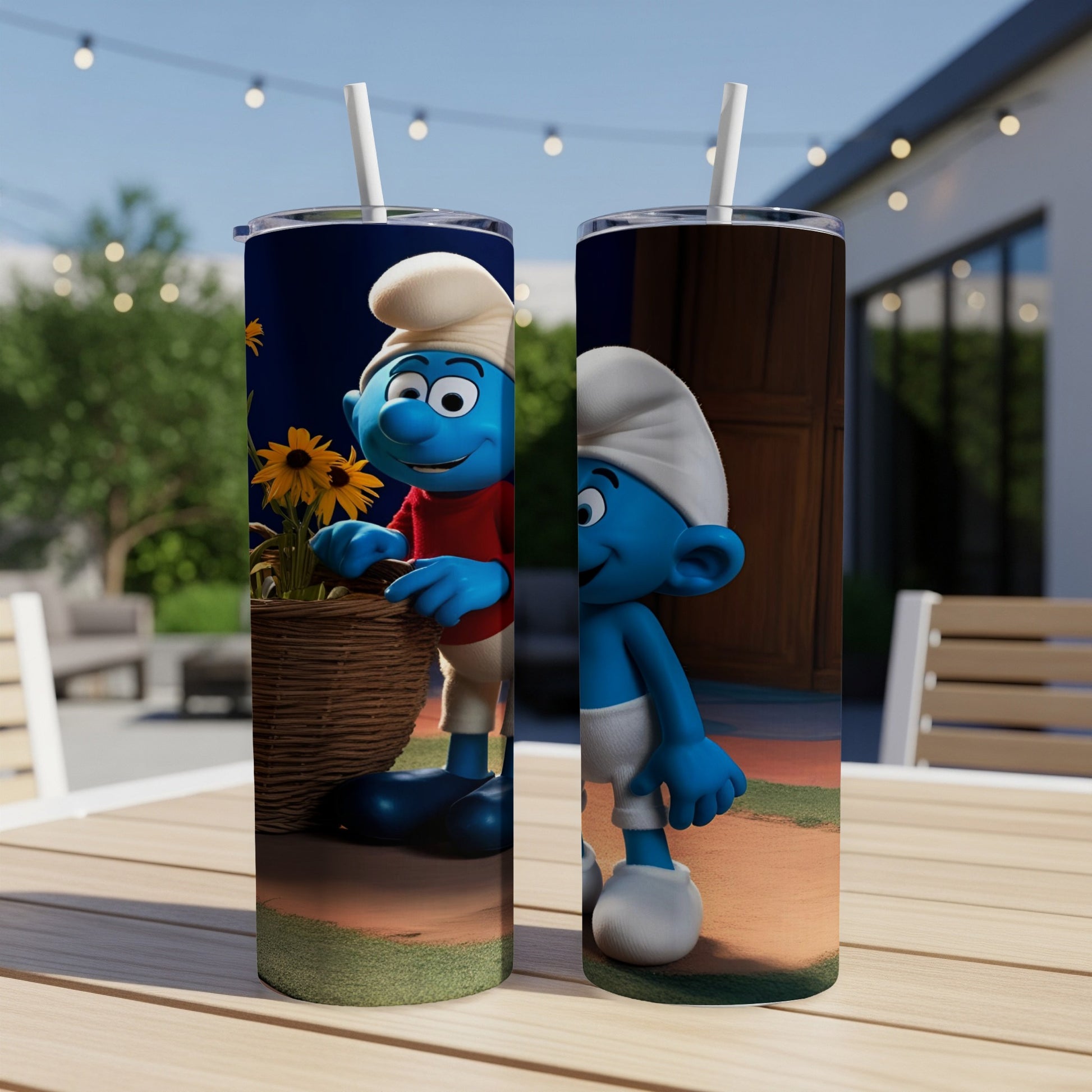 Smurf holding basket of sunflowers and Smurf standing by doorway.