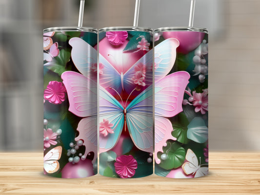Three tumblers with pastel butterflies and floral designs.