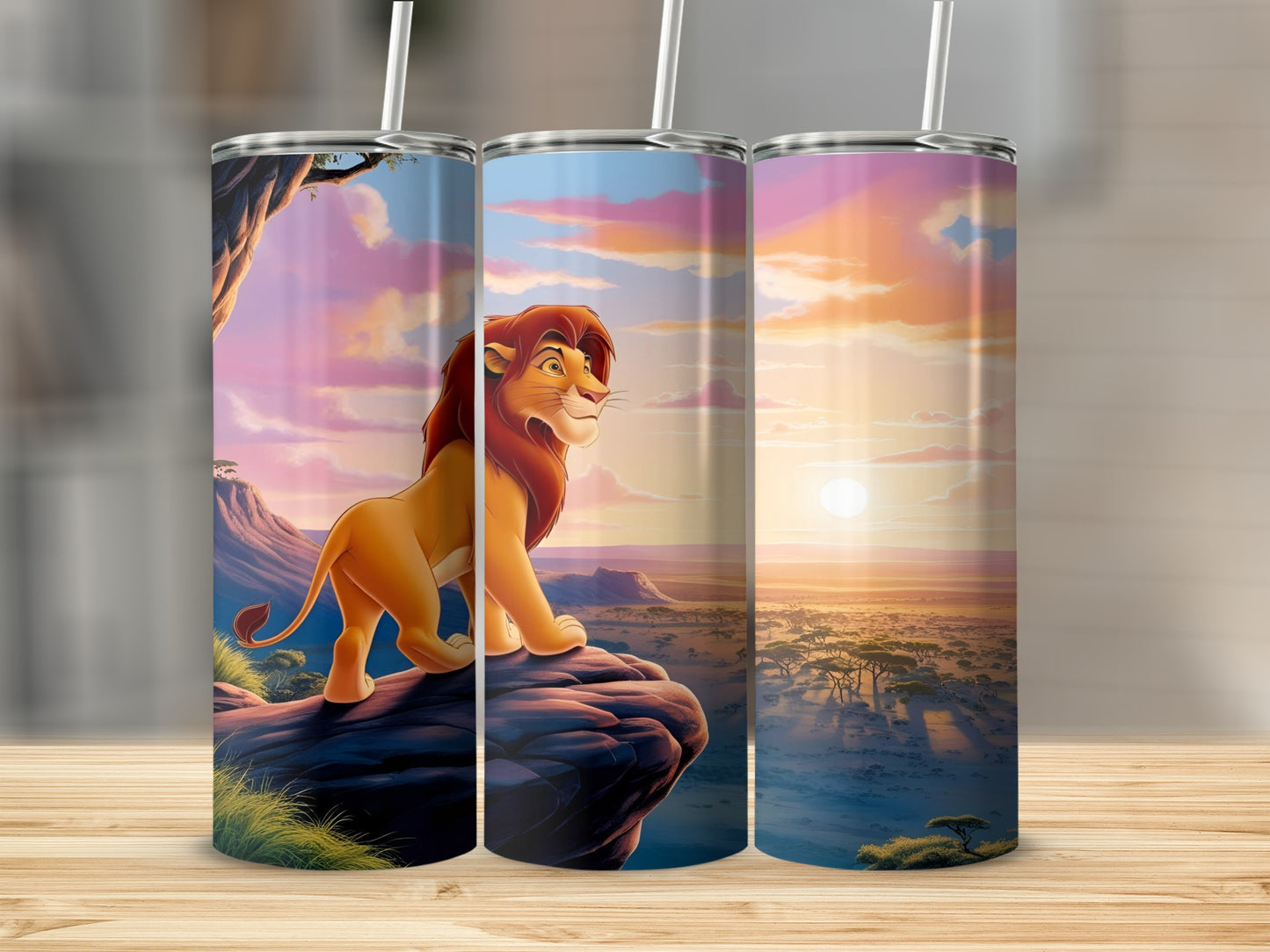 Lion King tumbler wrap featuring Simba overlooking the Pride Lands at sunset.