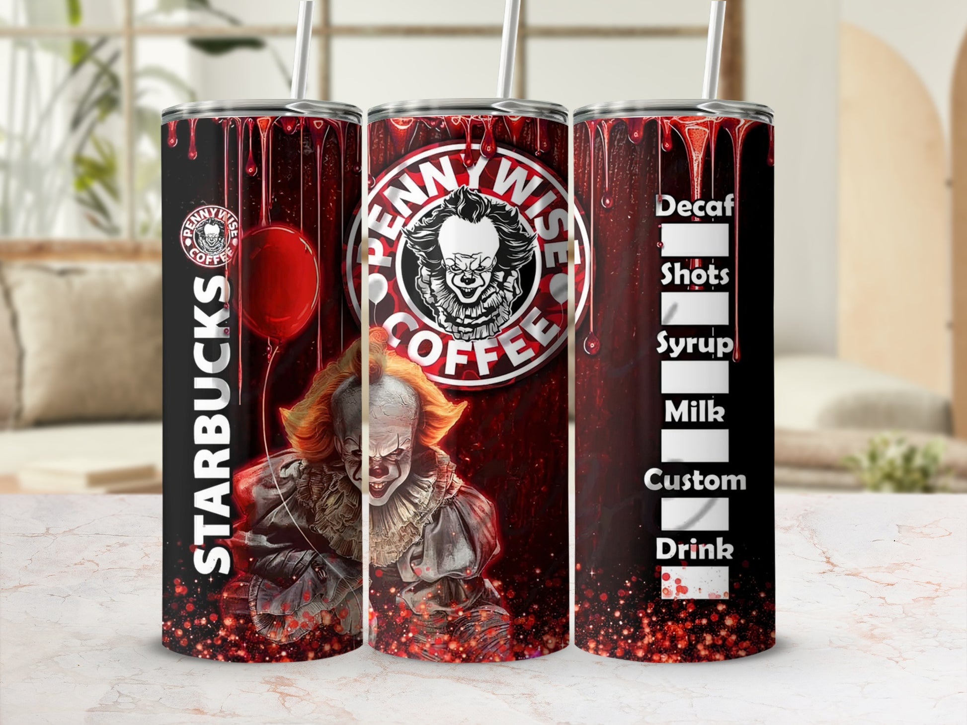 Pennywise coffee tumbler with Starbucks and drink customization options.