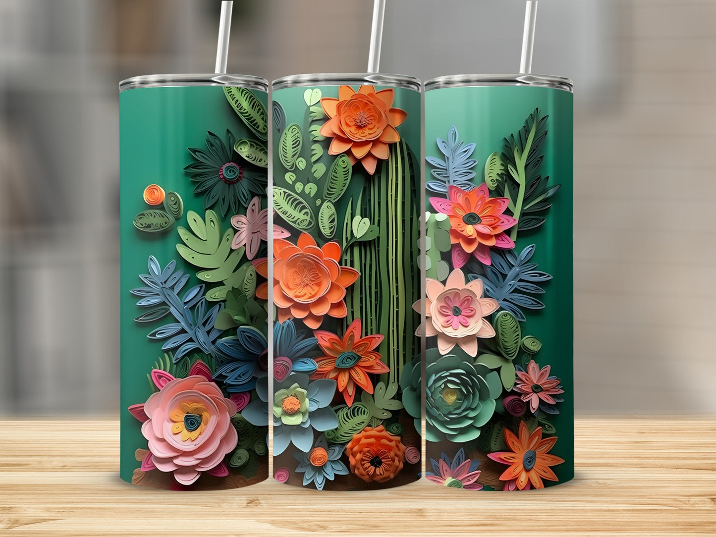 Vibrant Floral Pattern Insulated Tumbler with Straw