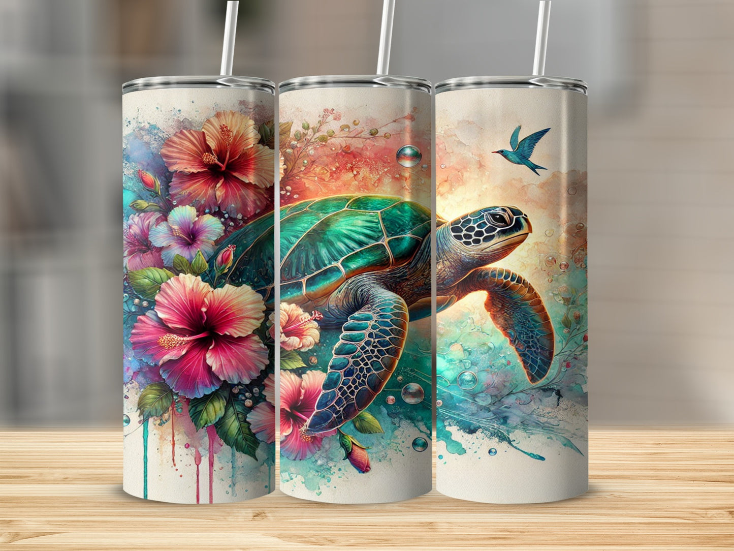 Tropical Floral Sea Turtle Artwork Tumbler Cup