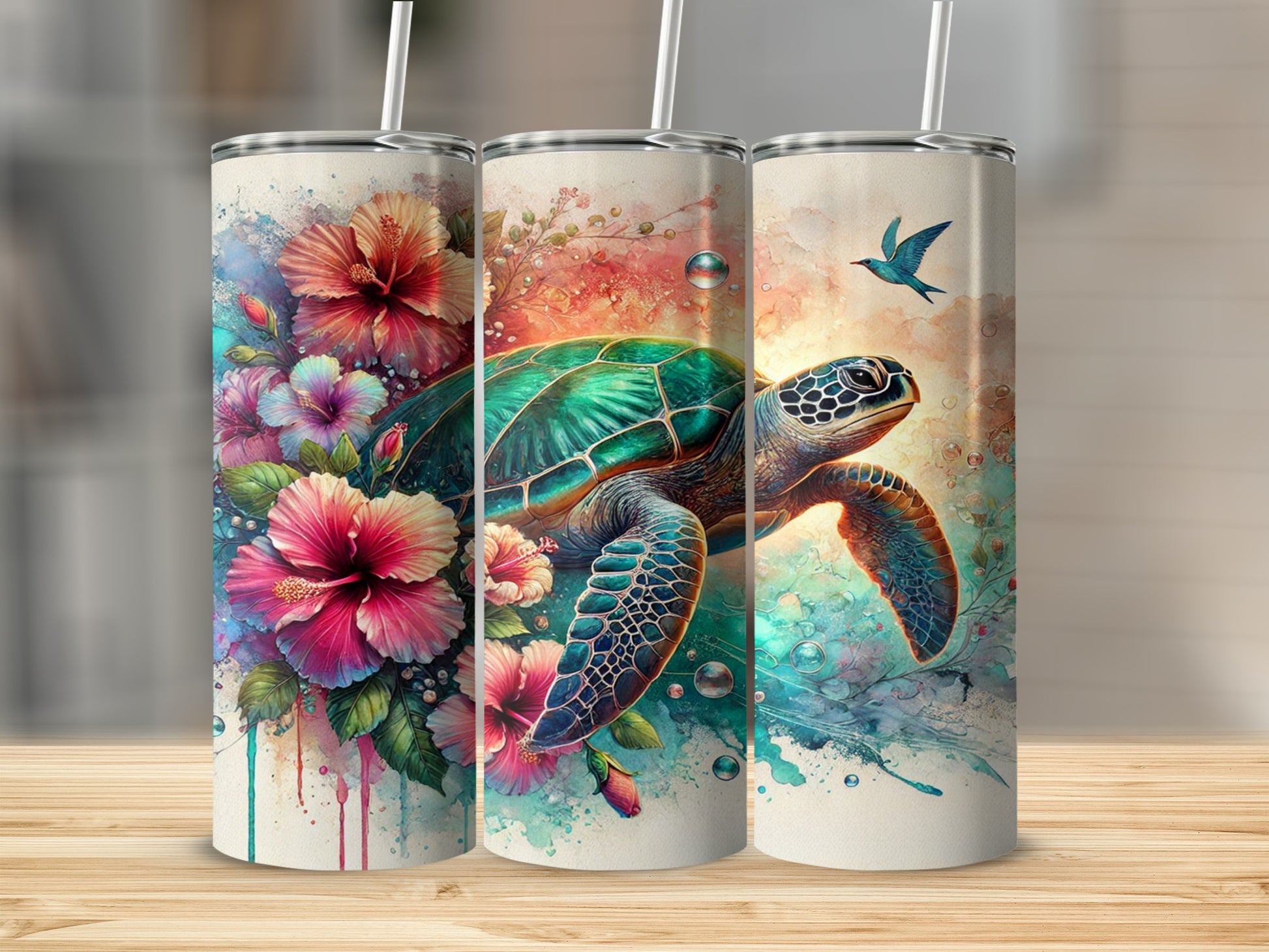 Tropical Floral Sea Turtle Artwork Tumbler Cup