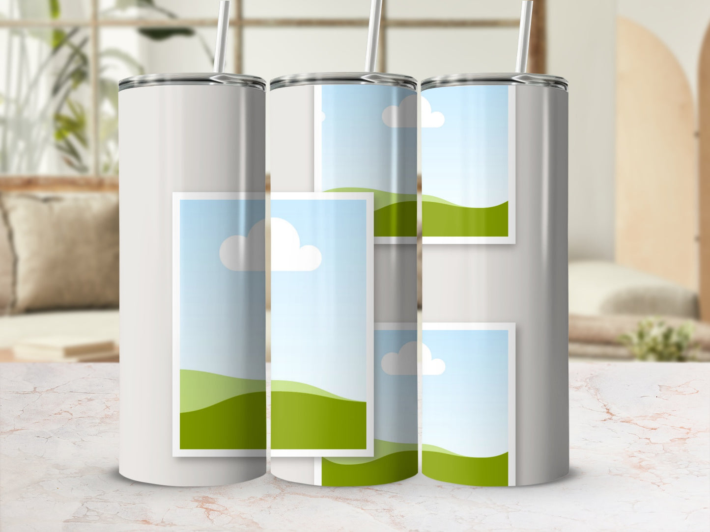 Three tumblers with straws display different sized image placeholders of a landscape scene.