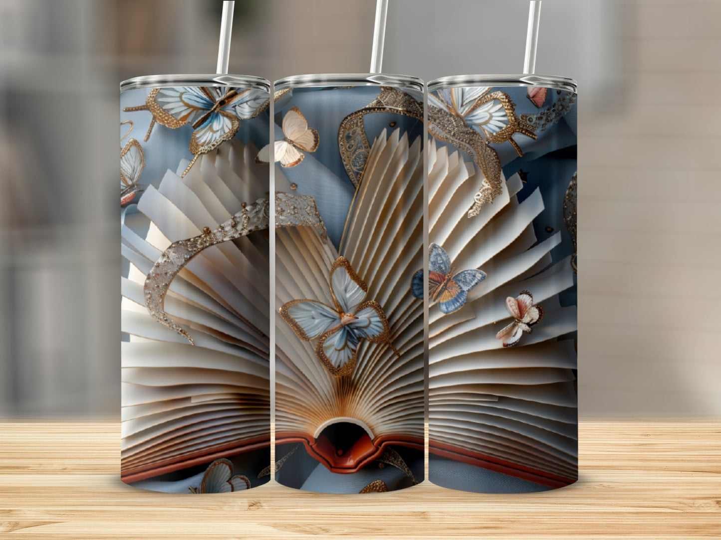 Open book with fluttering butterflies and ornate golden trim.